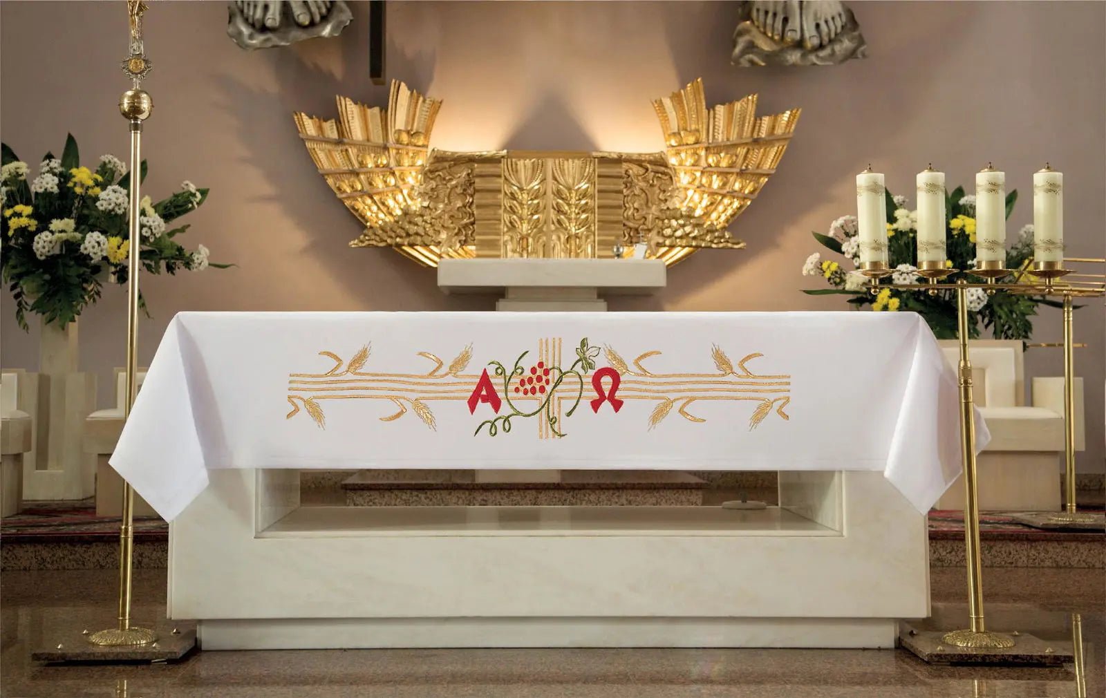 Altar tablecloth with red and gold front embroidery Alpha and Omega