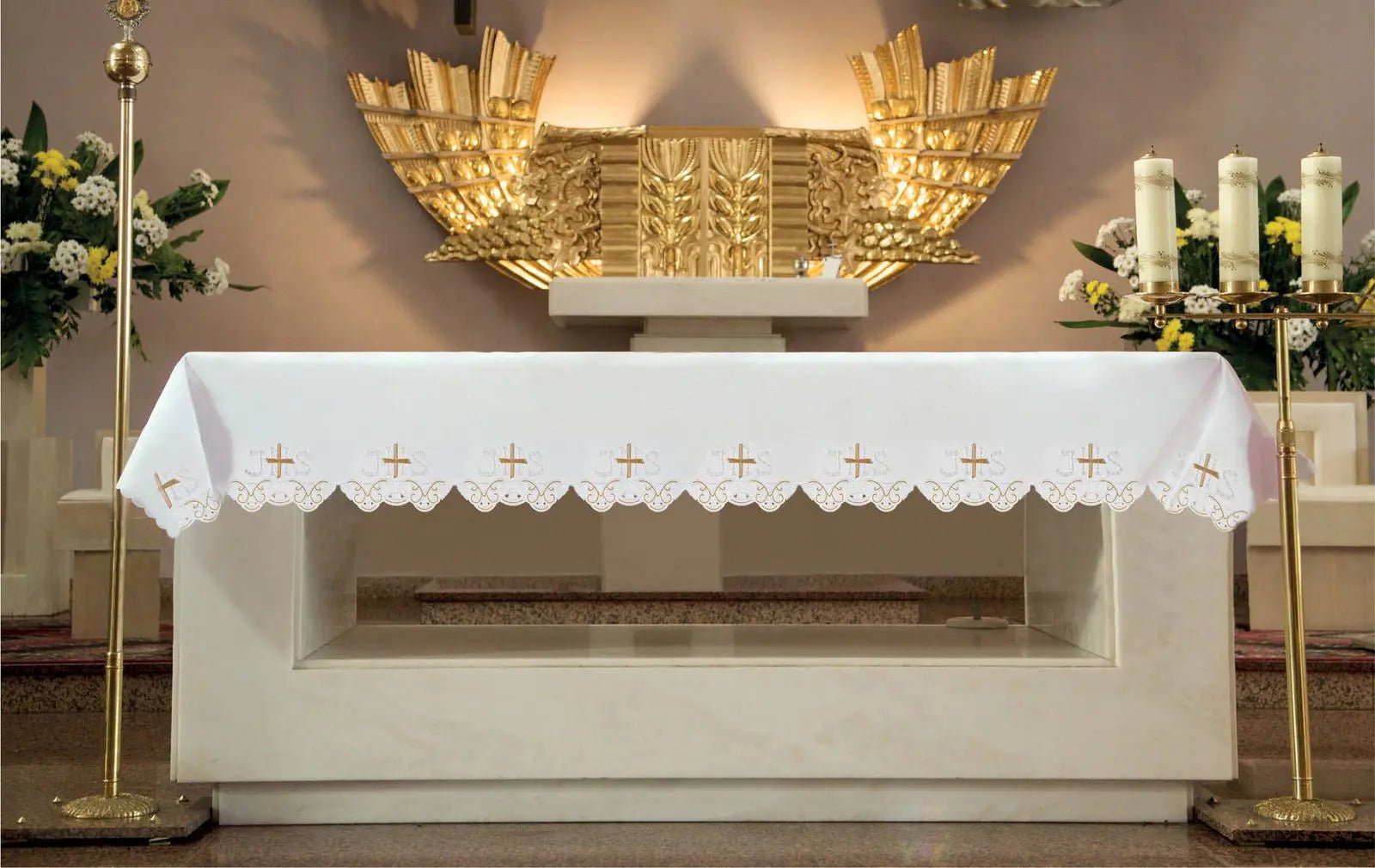 Altar cloth with frontal embroidery of IHS and cross
