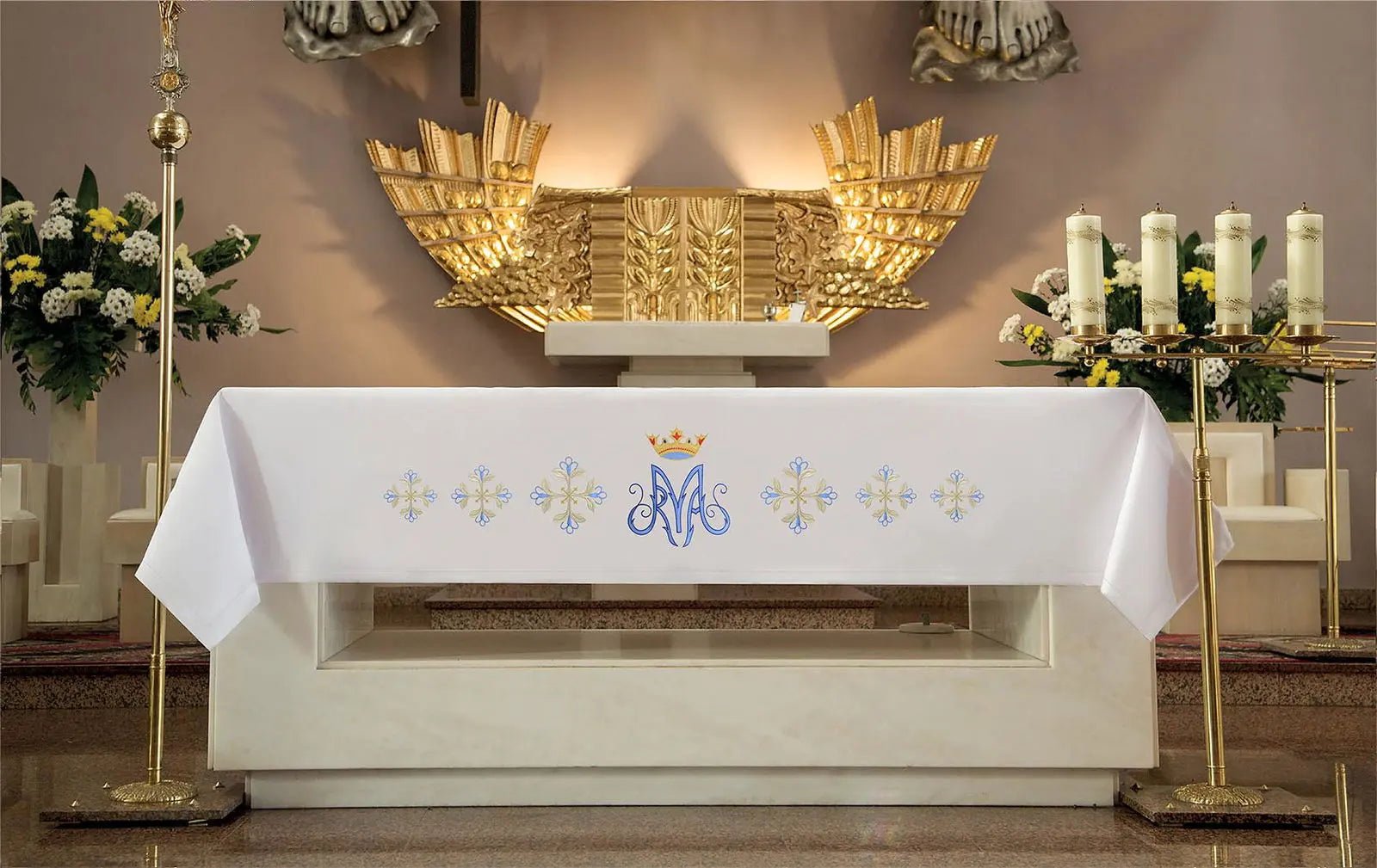 Altar cloth with blue Marian front embroidery