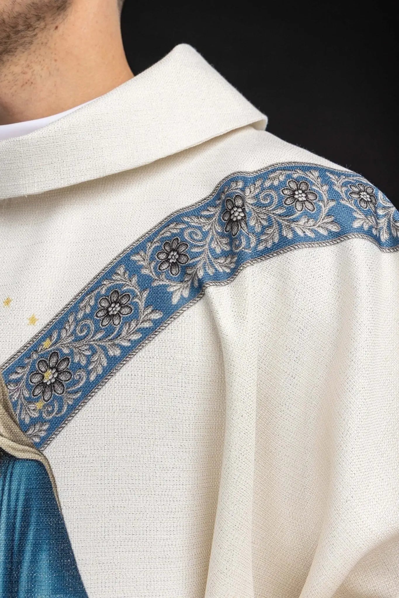 Ecru chasuble with printed image of the Immaculate Conception, Marian vestment
