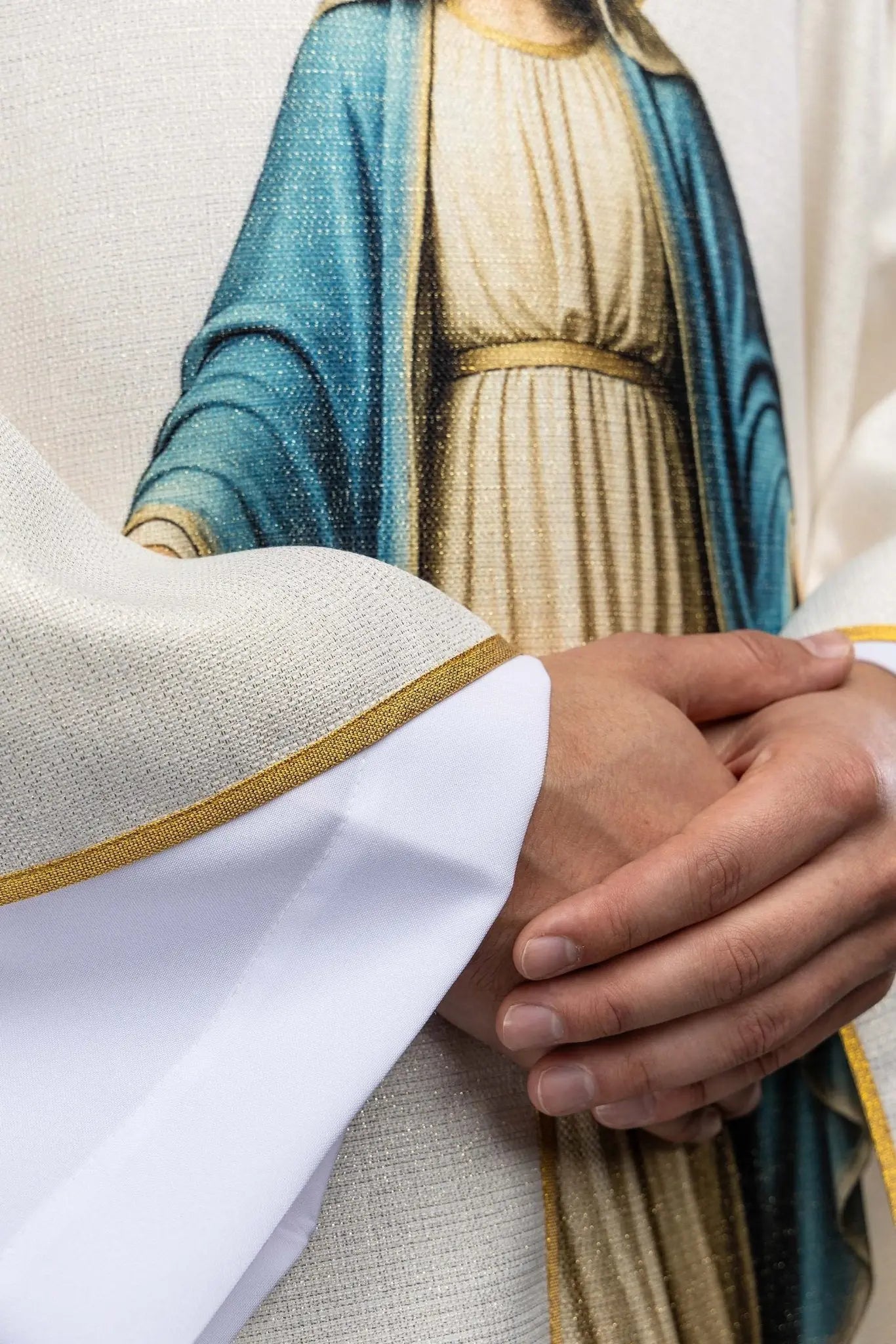Ecru chasuble with printed image of the Immaculate Conception