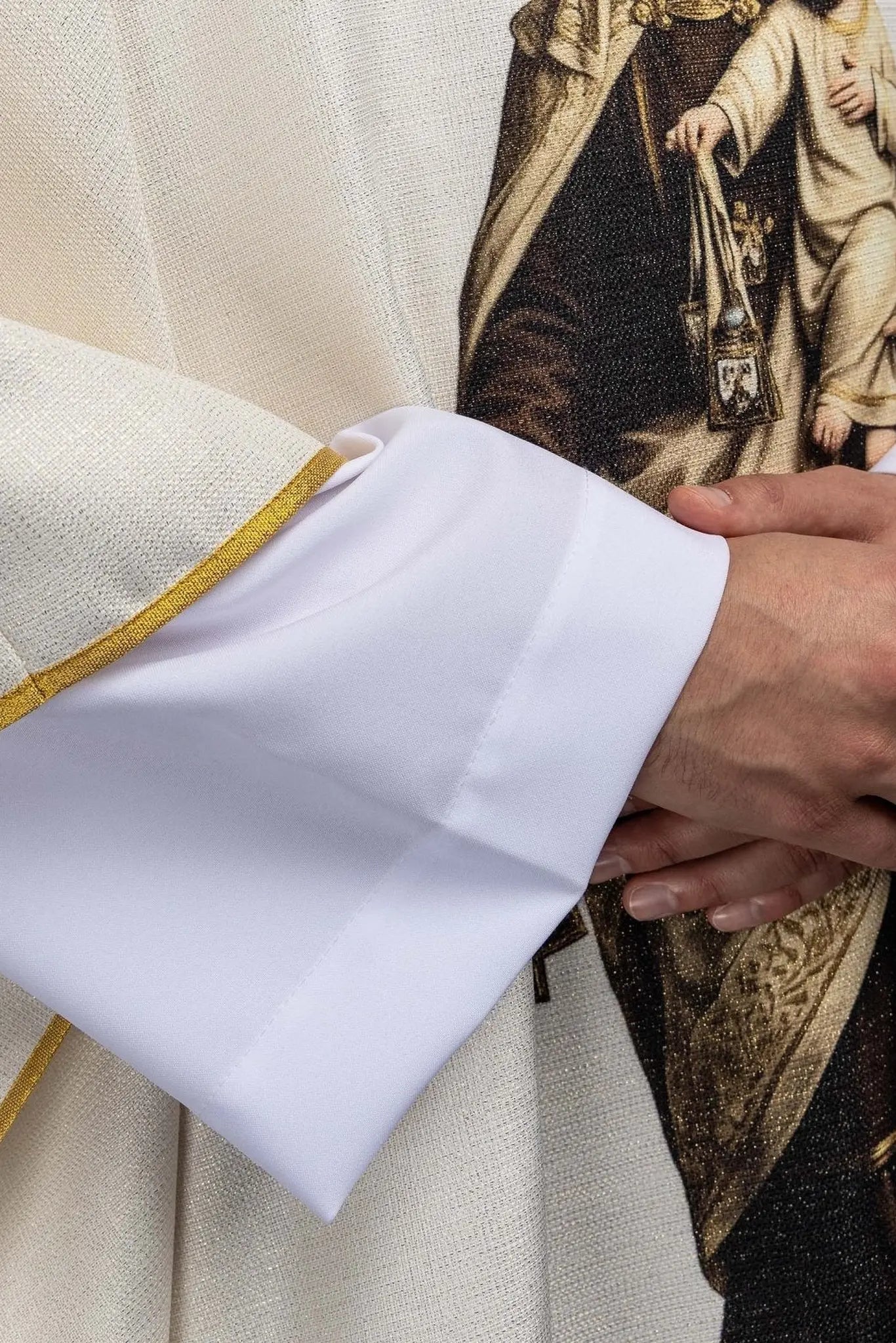 Ecru chasuble with printed image of Our Lady of the Scapular