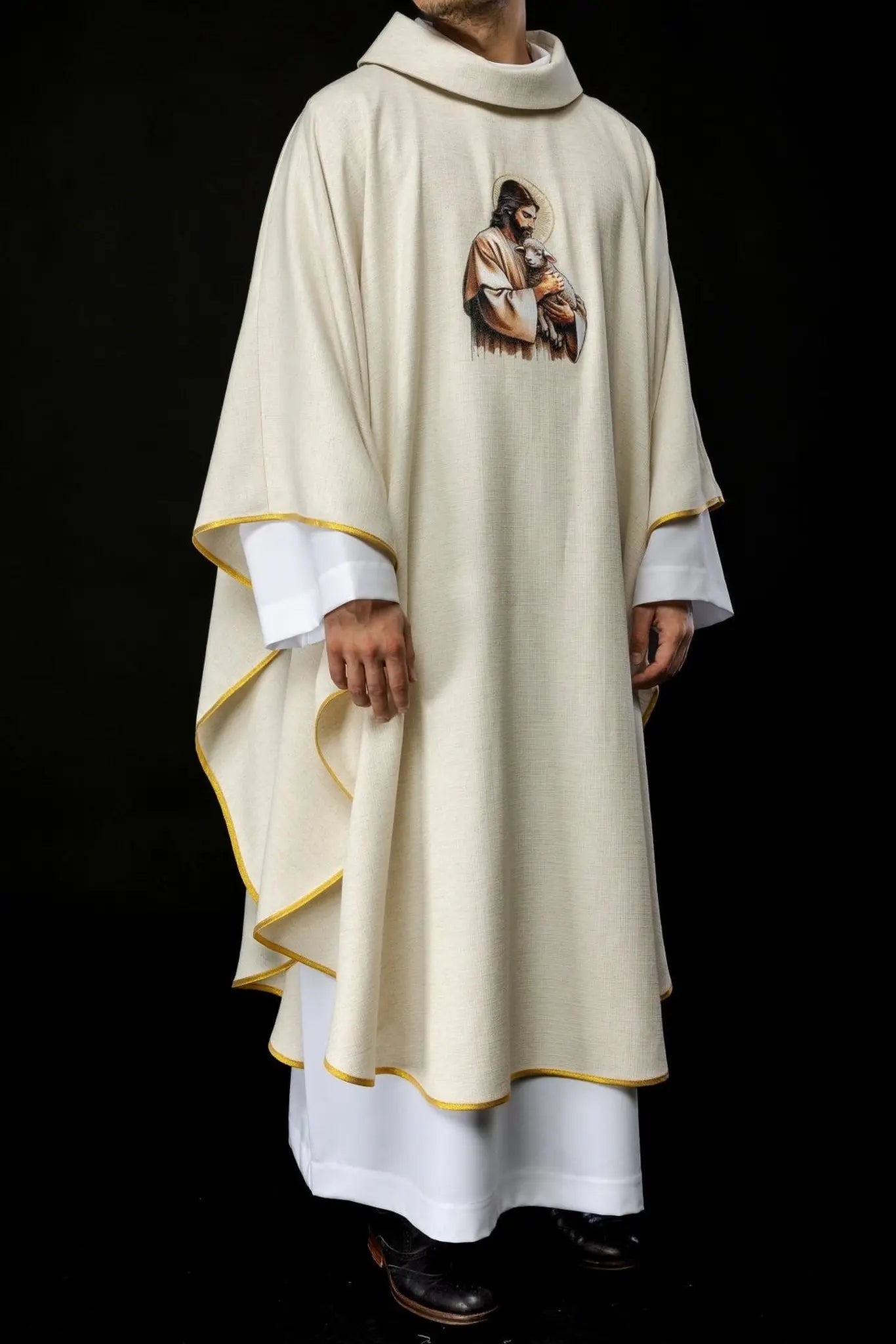 Ecru Chasuble with the Image of Jesus the Good Shepherd with the Lamb