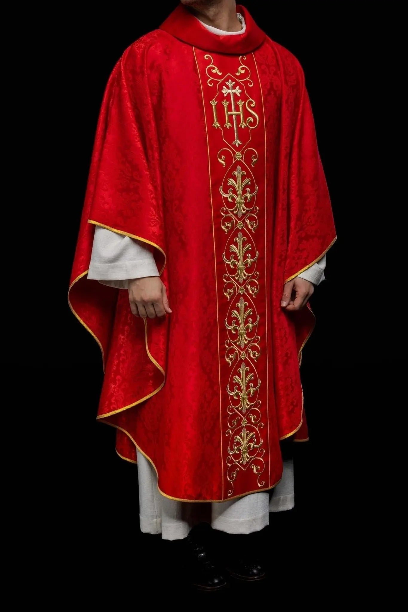 IHS Embroidered Chasuble Red with Decorated Fabric