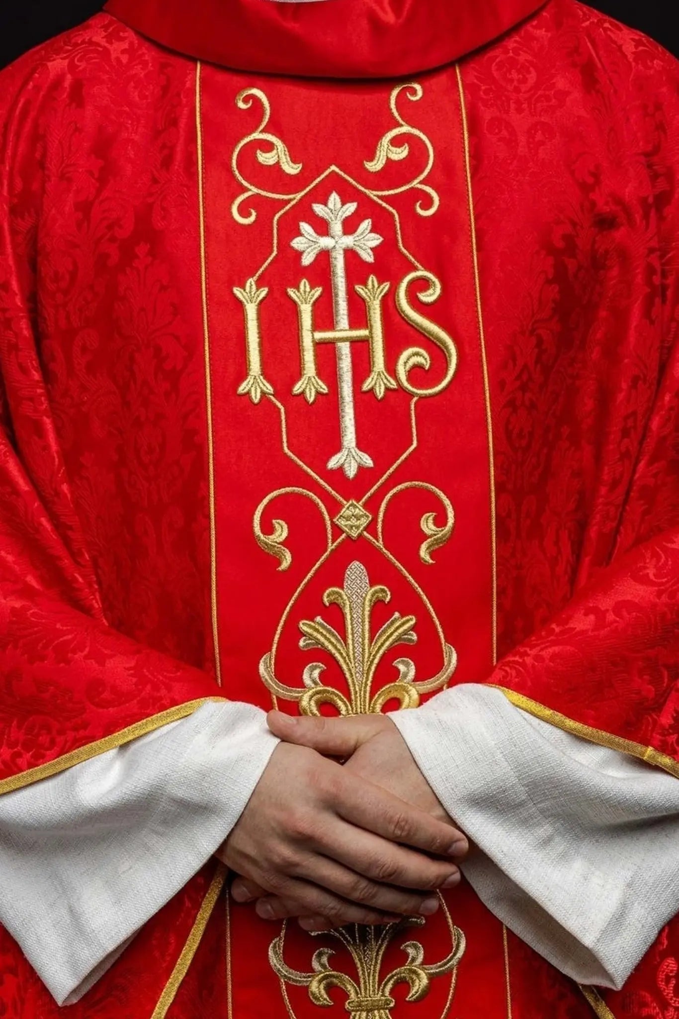 IHS Embroidered Chasuble Red with Decorated Fabric