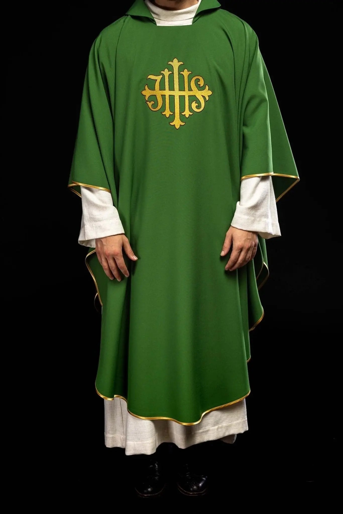 Green Embroidered Chasuble with JHS Symbol and Wide Collar