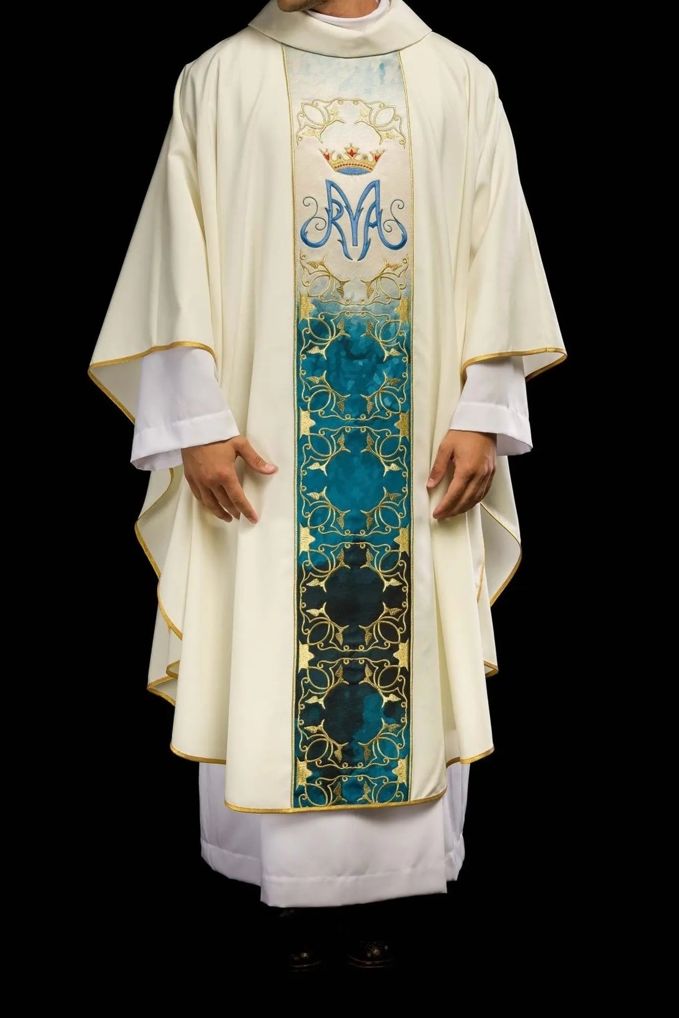 Marian liturgical chasuble with embroidered and sublimated belt in ecru