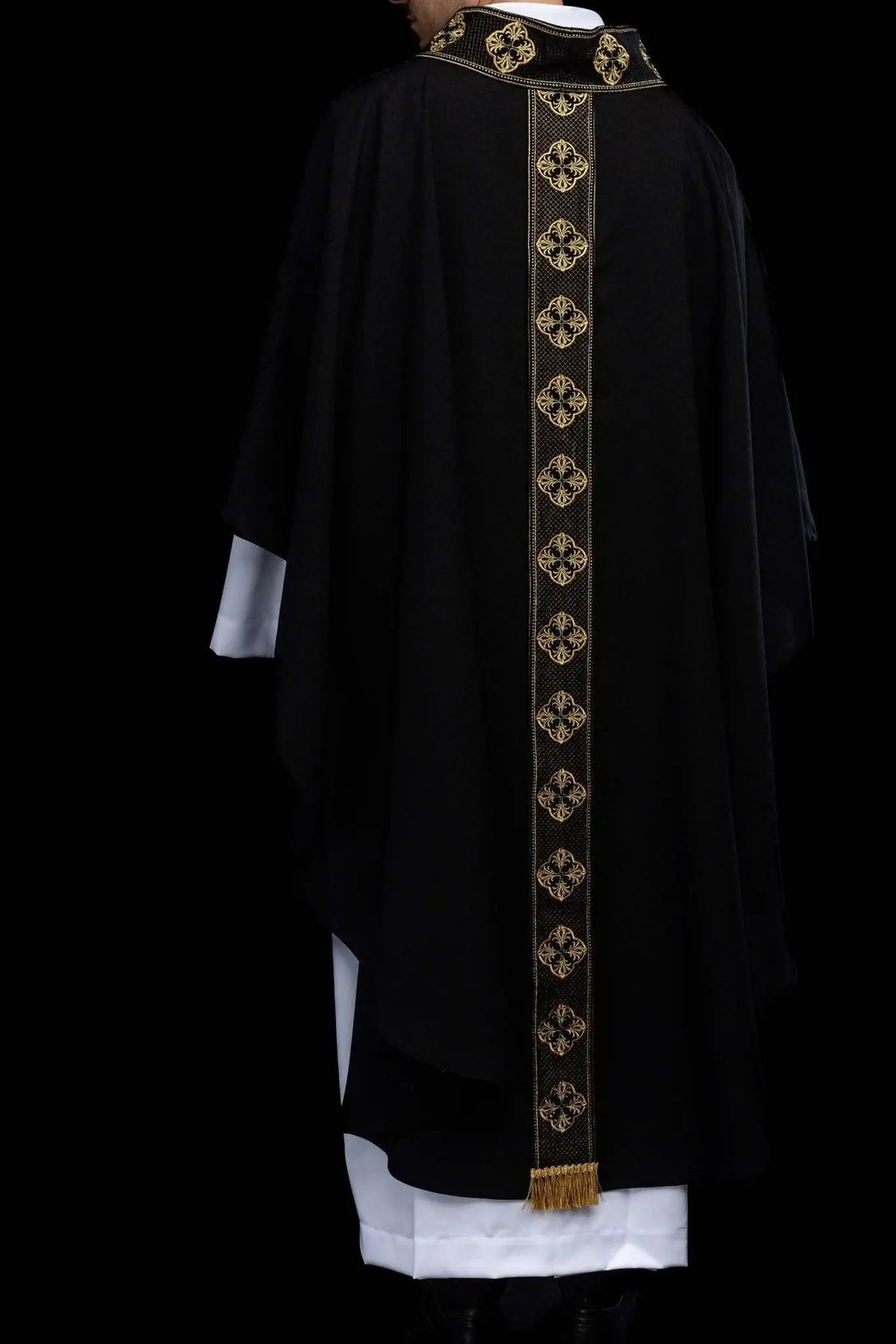Black chasuble with embroidered band and collar with crosses