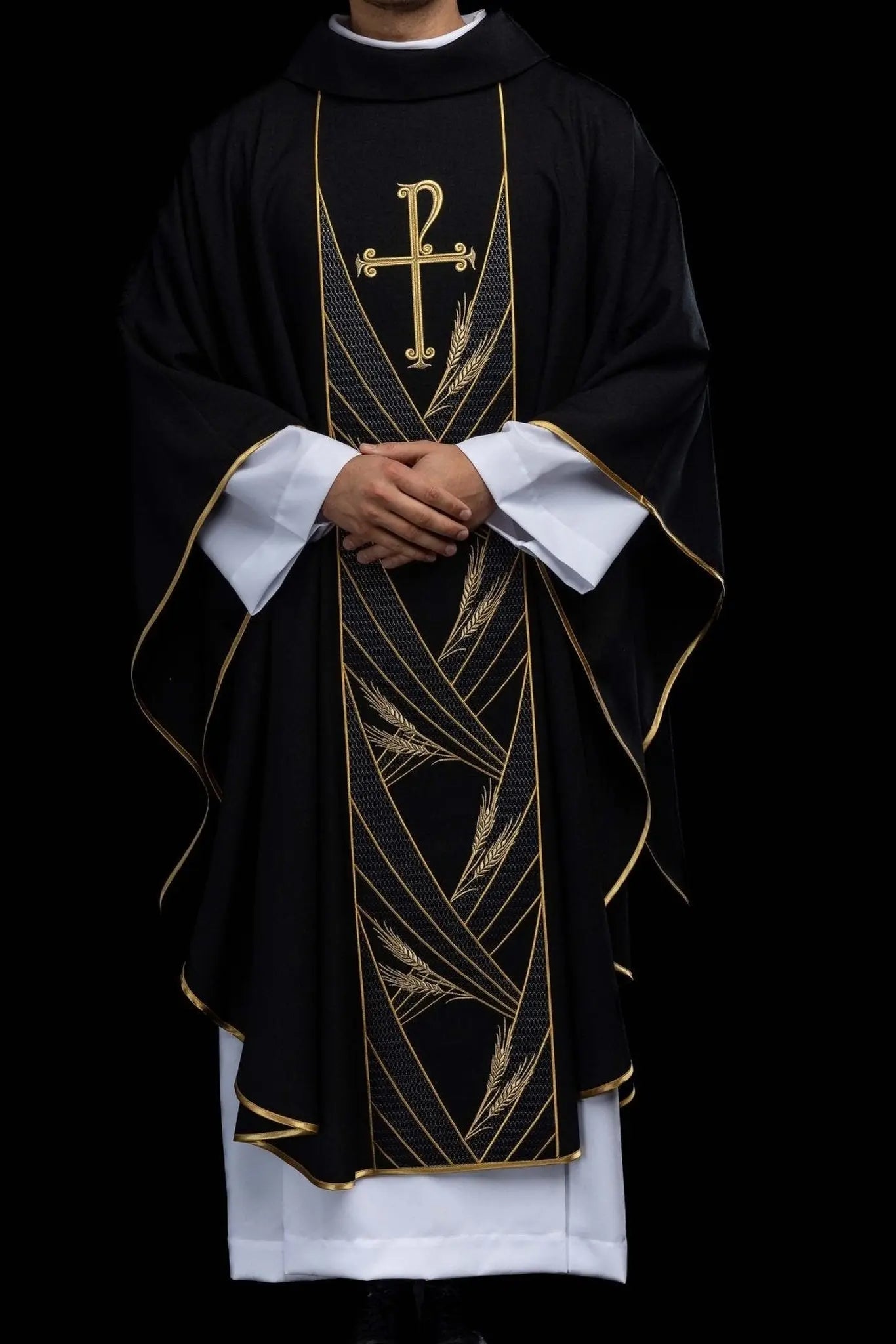 Black chasuble with embroidered PAX band and wheat motif