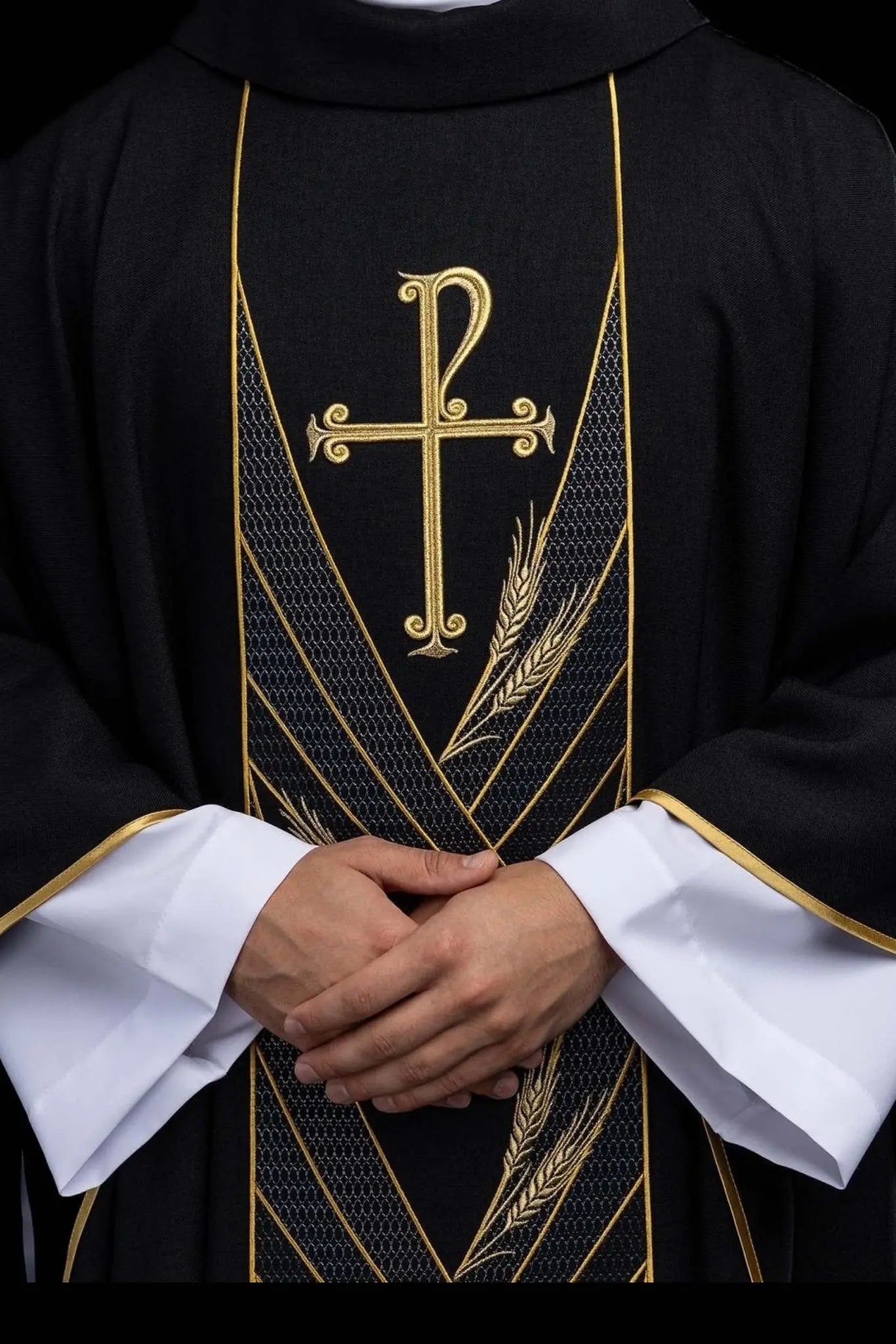 Black chasuble with embroidered PAX band and wheat motif