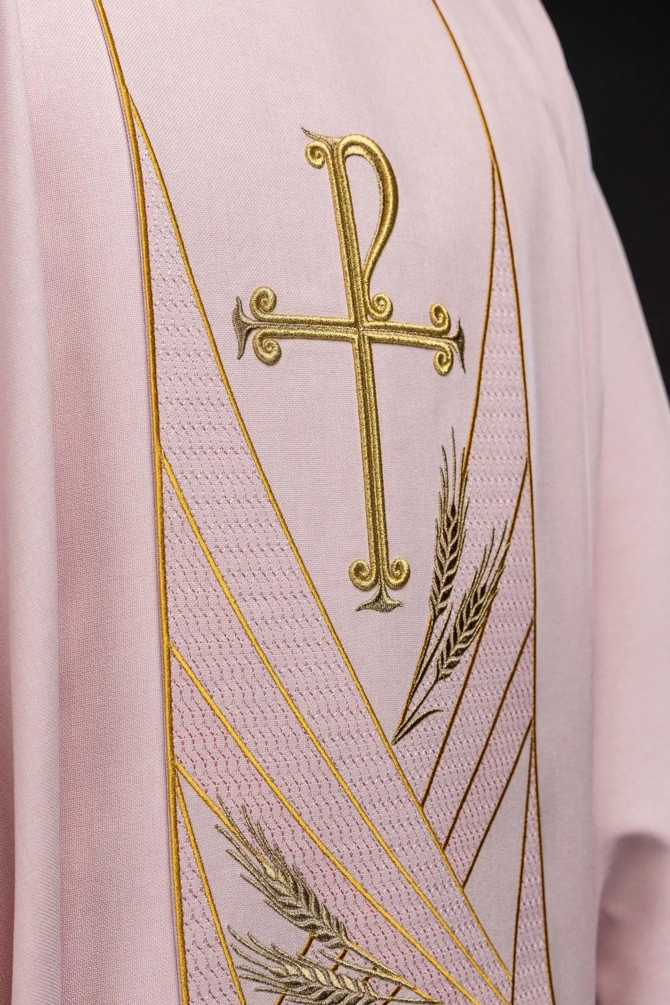 Rose chasuble with embroidered Pax band and wheat sheaves motif