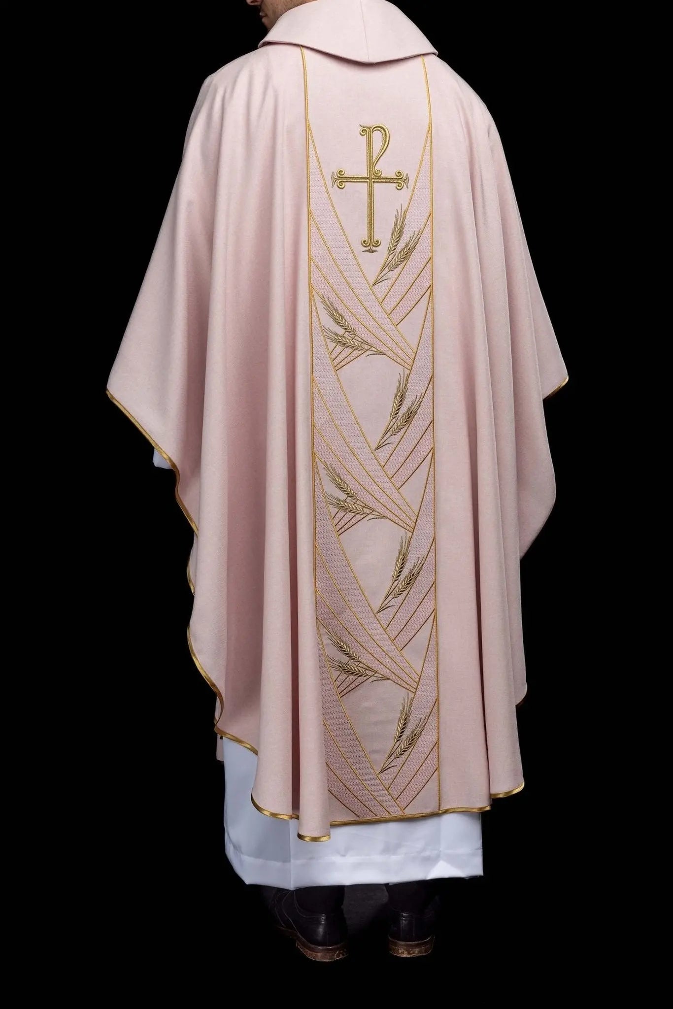 Rose chasuble with embroidered Pax band and wheat sheaves motif