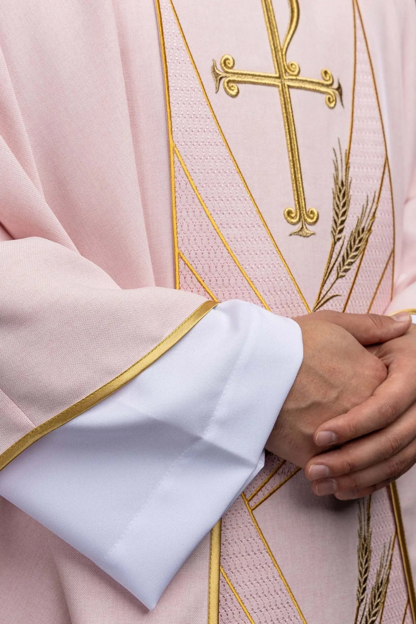 Rose chasuble with embroidered Pax band and wheat sheaves motif