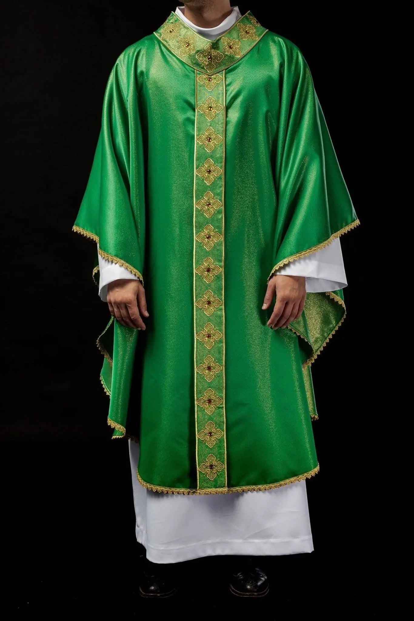 Green chasuble with embroidered belt and collar decorated with stones
