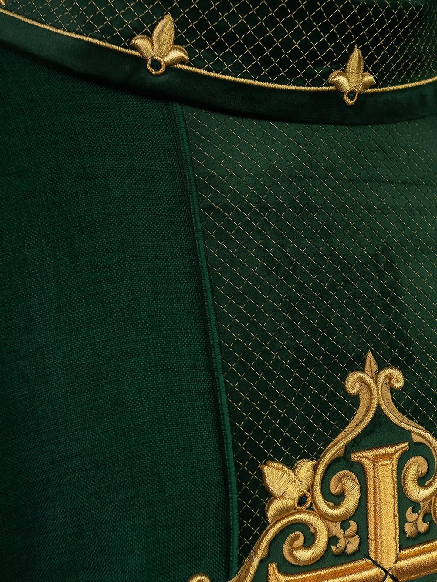 Chasuble with green velvet belt and cross embroidery