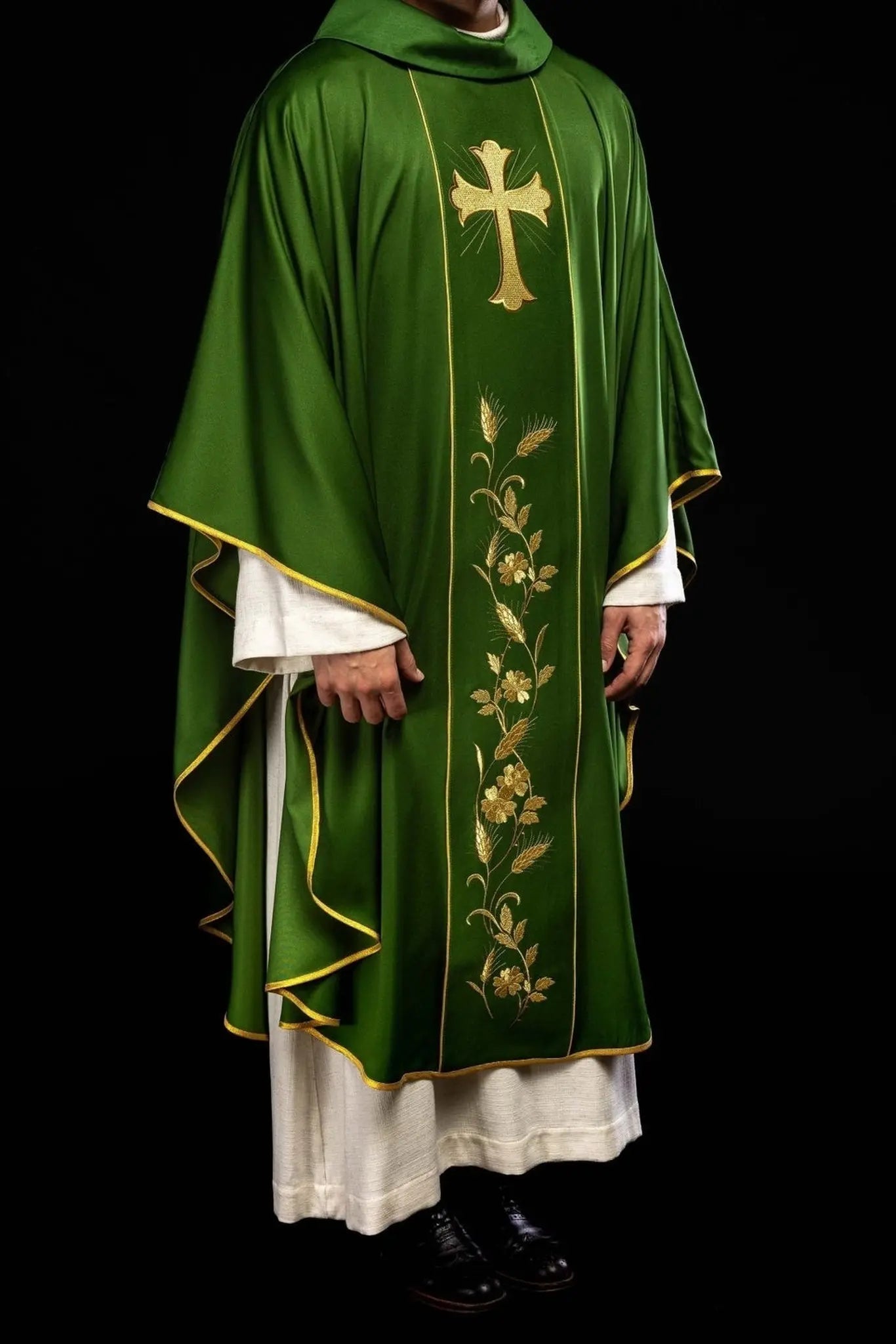 Green Chasuble with Embroidered Cross and Wheat Motif