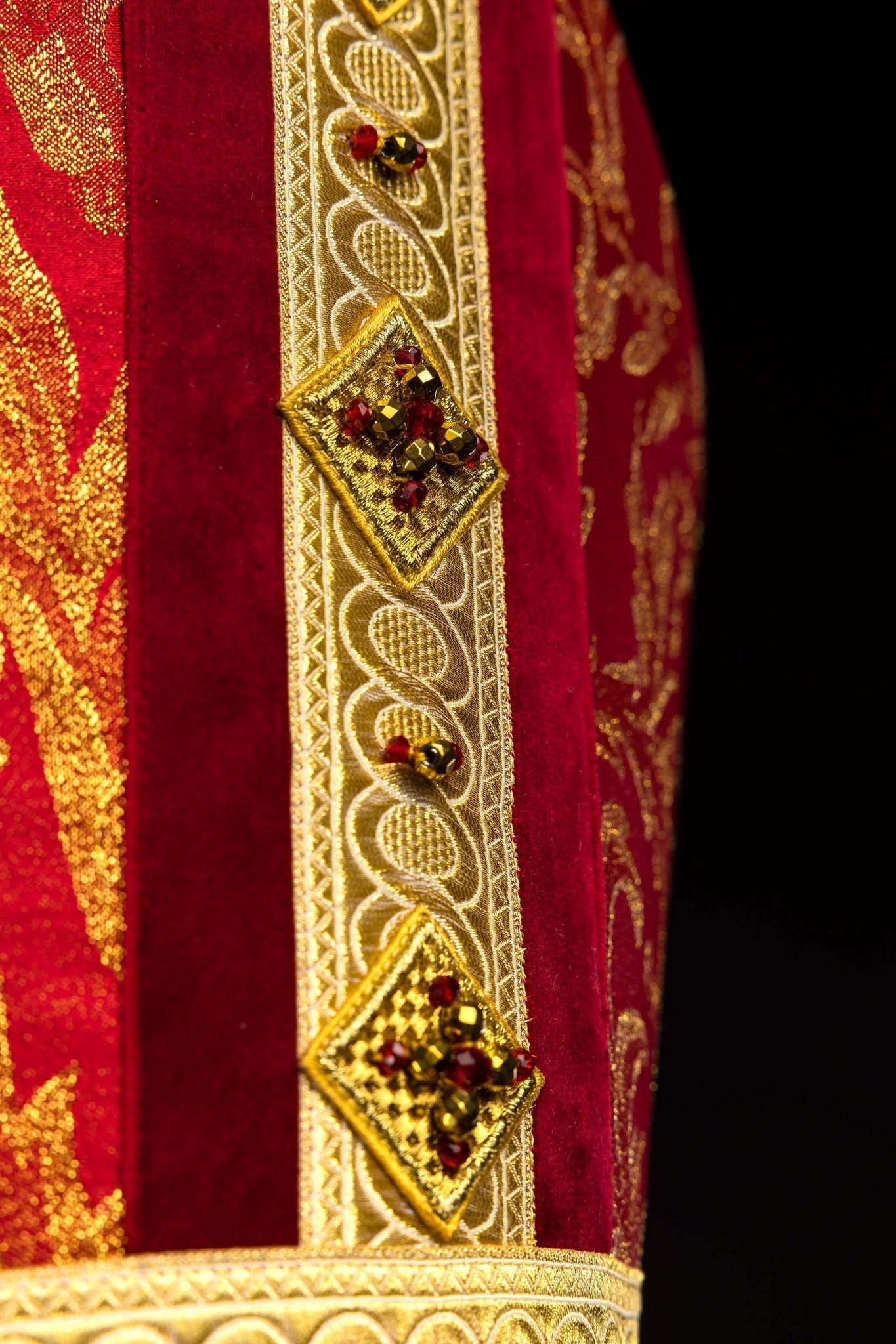Red Handmade Bishop's Mitre with Natural Stones and Gold Embroidery