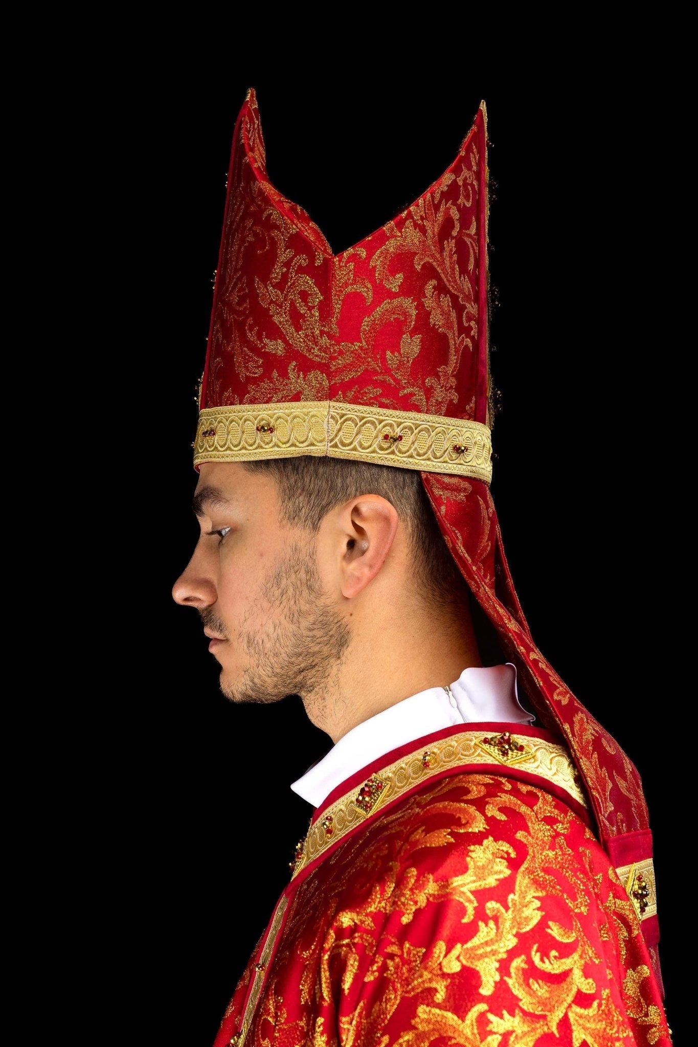 Red Handmade Bishop's Mitre with Natural Stones and Gold Embroidery