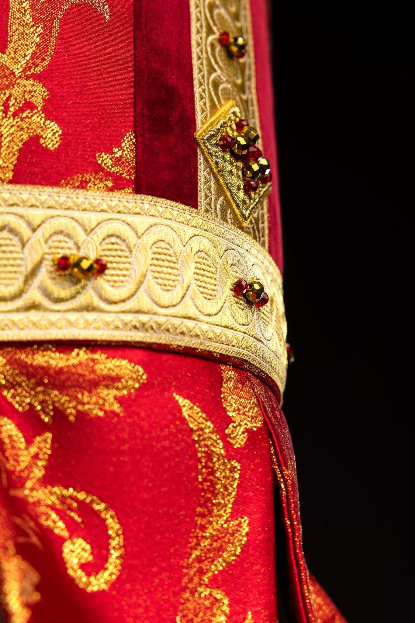 Red Handmade Bishop's Mitre with Natural Stones and Gold Embroidery