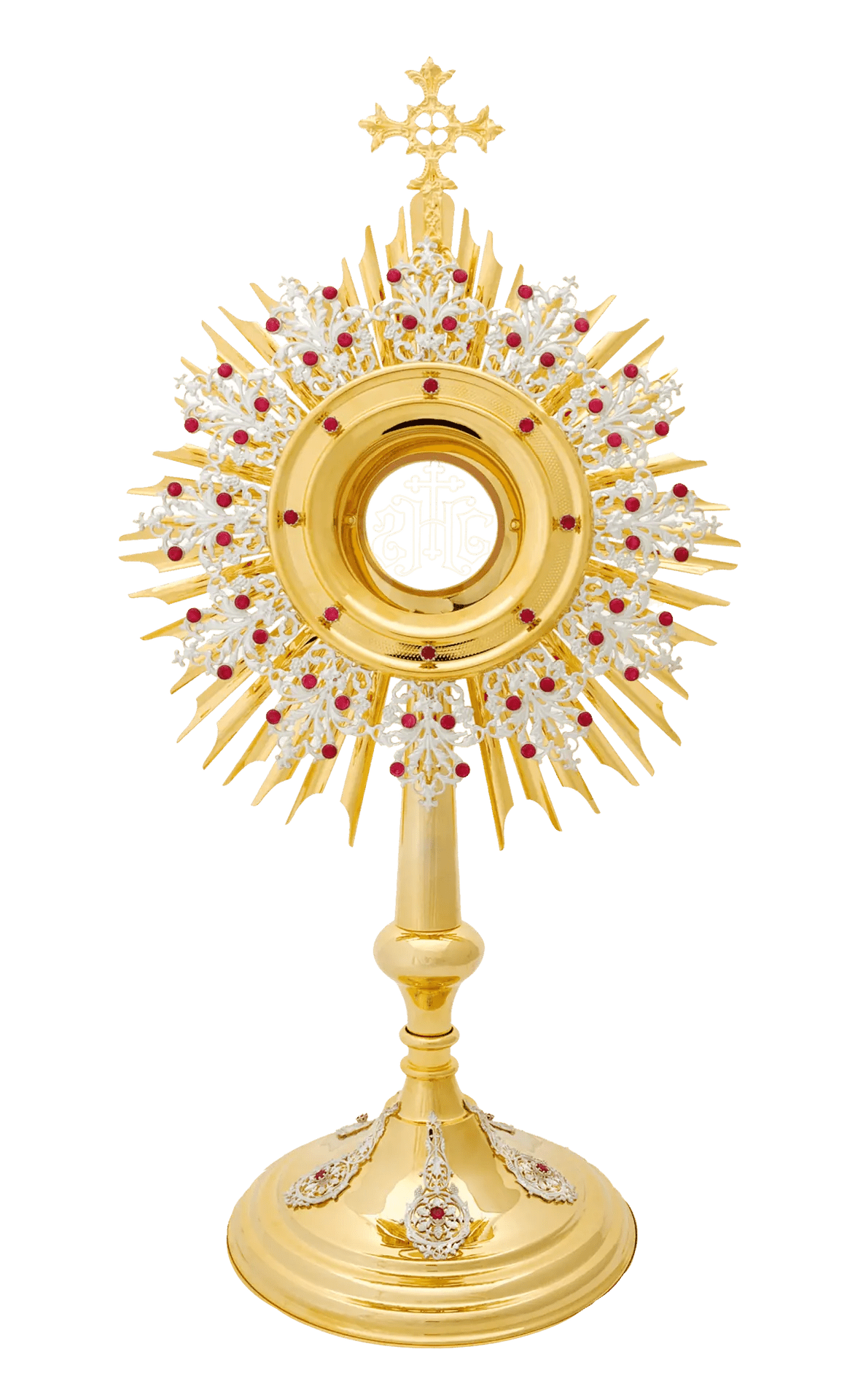 Handcrafted Gold-Plated Brass Monstrance Adorned with Rubies