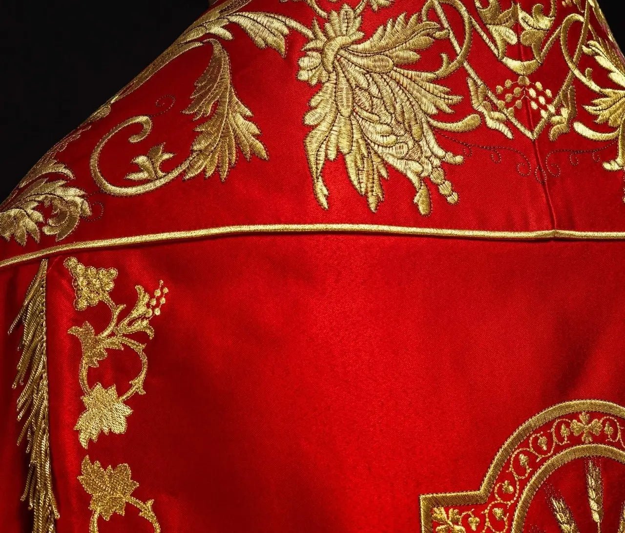 Roman Satin Cope – Red with Embroidered Sacred Heart of Jesus