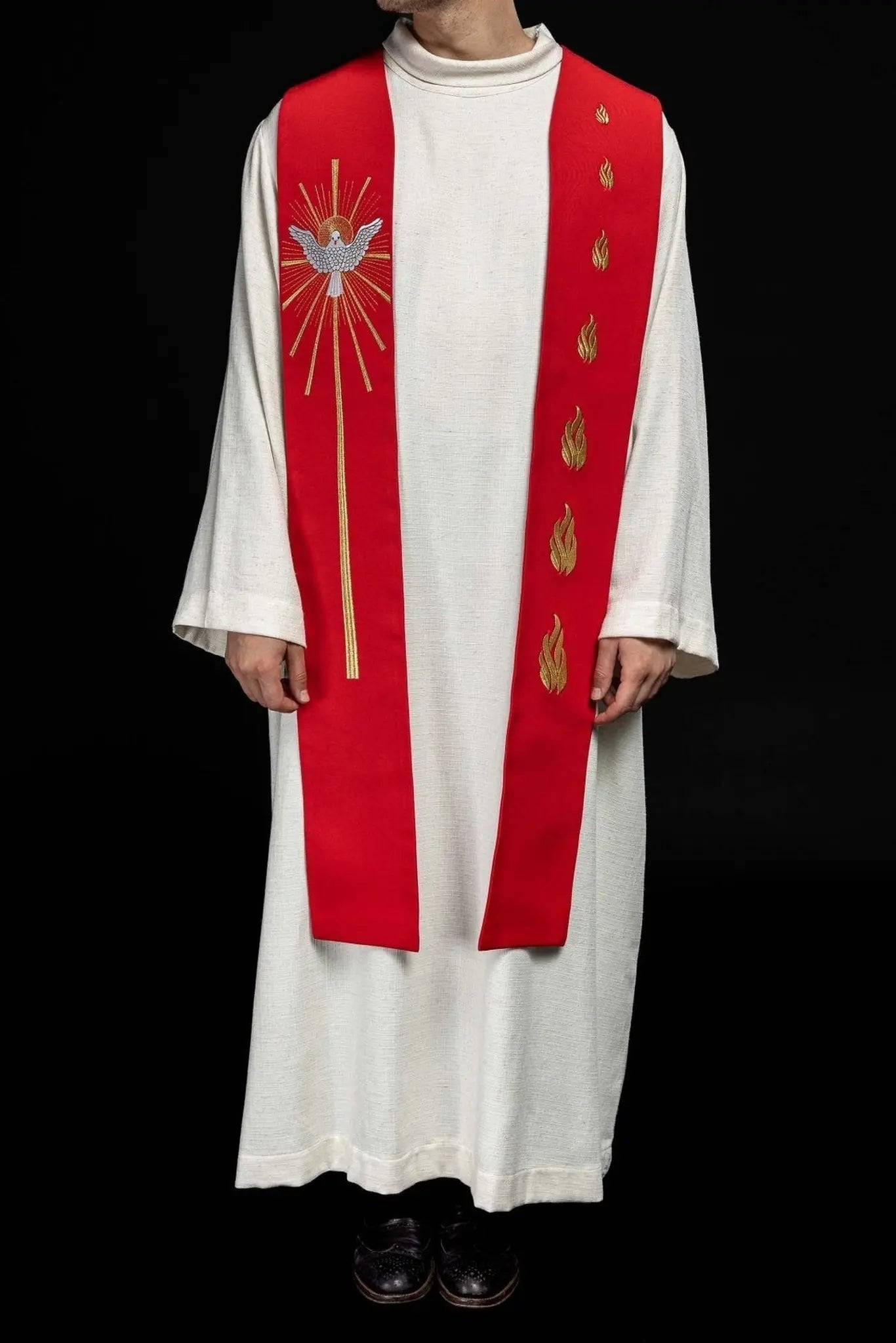 Embroidered stole Holy Spirit and Tongues of Fire Red