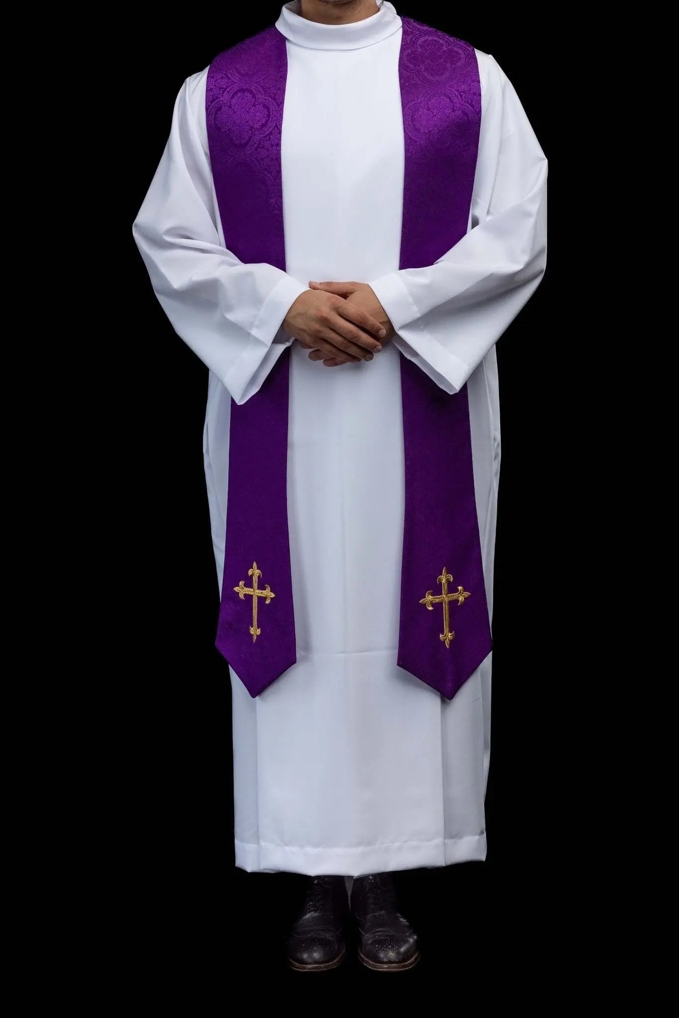 Purple jacquard stole with embroidered cross motif