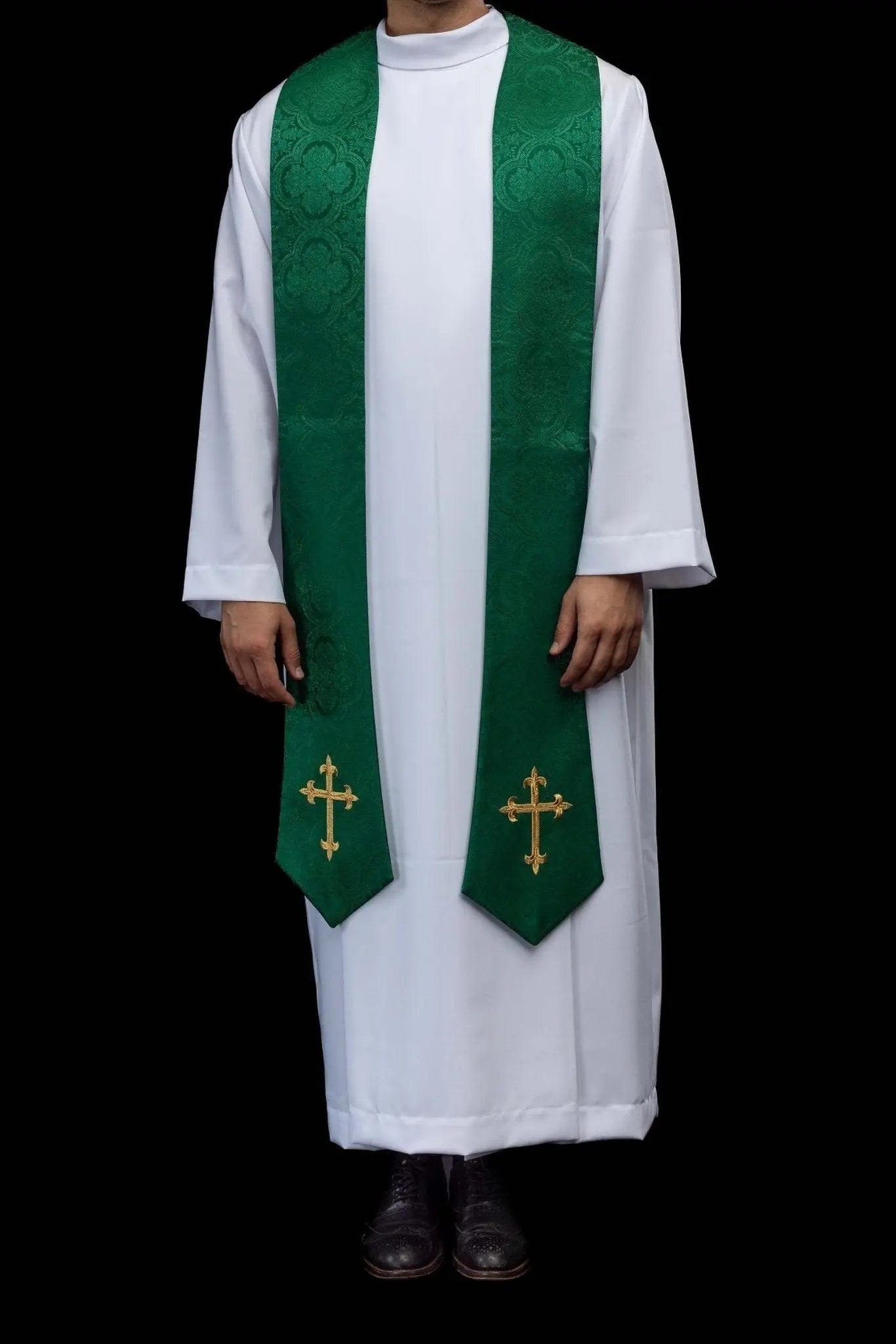 Green jacquard stole with embroidered cross motif