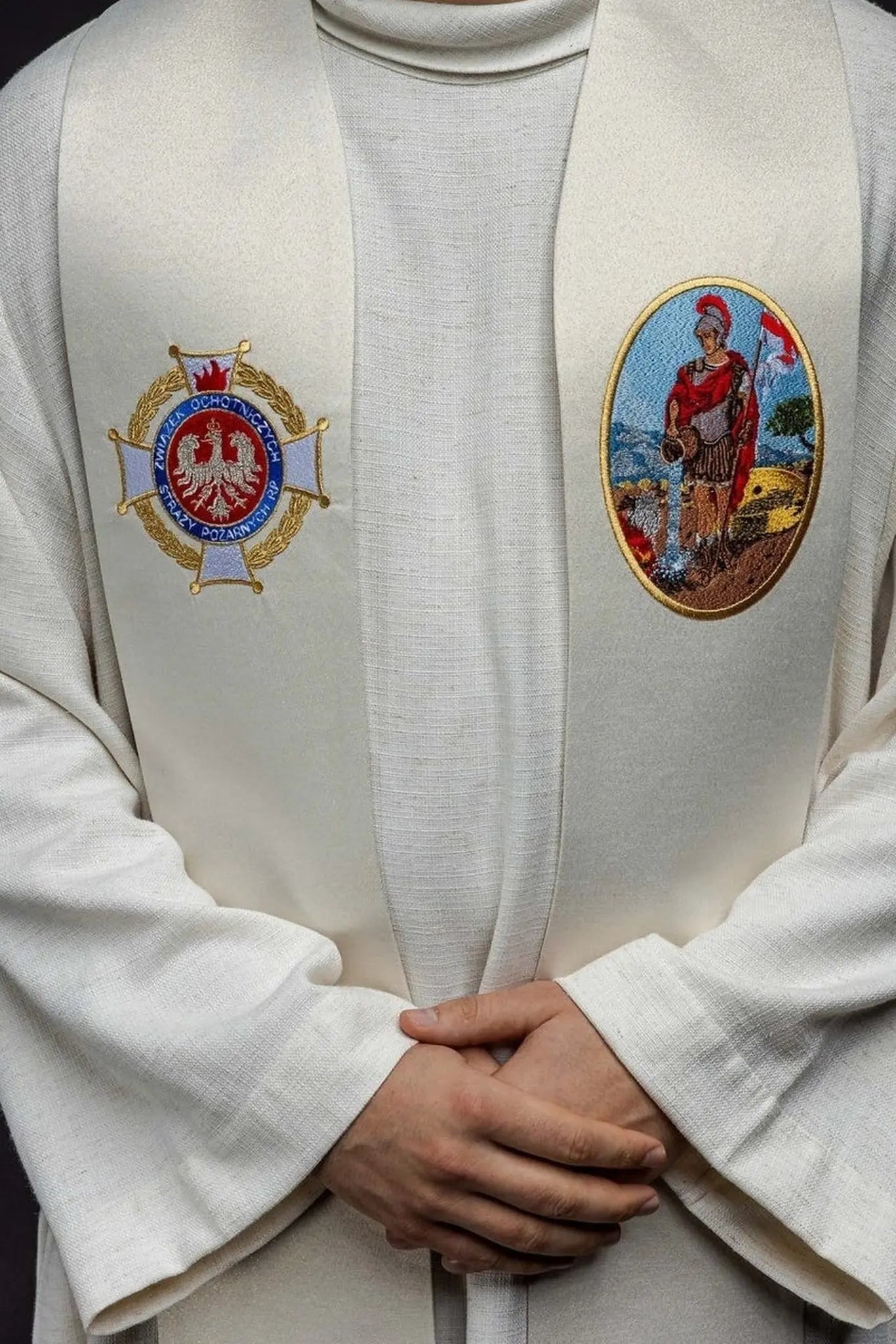 Embroidered Stole Featuring the Image of Saint Florian