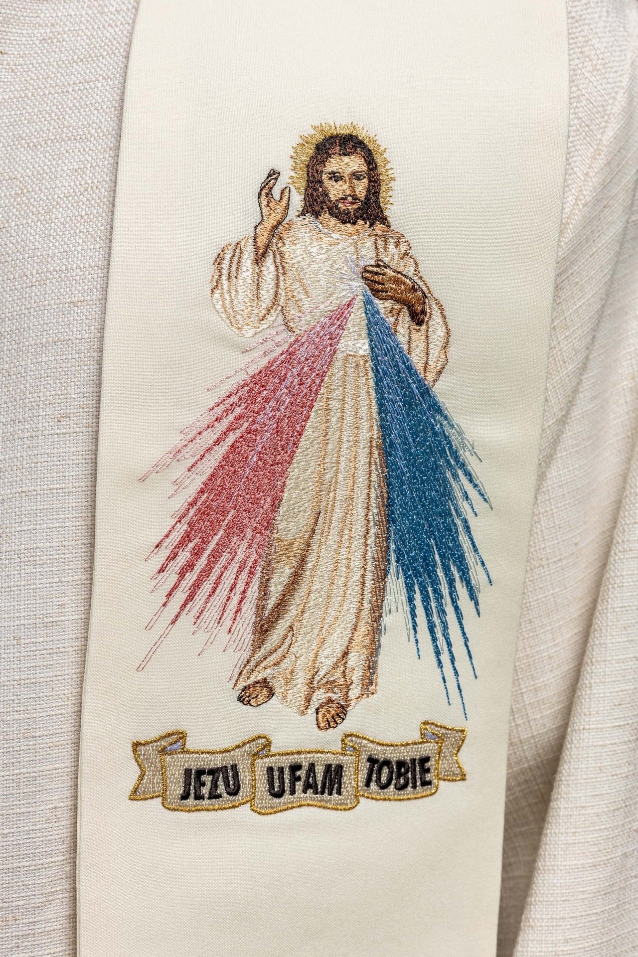 Stuła kapłańska Jezus Miłosierny Jezu Ufam Tobie ecru