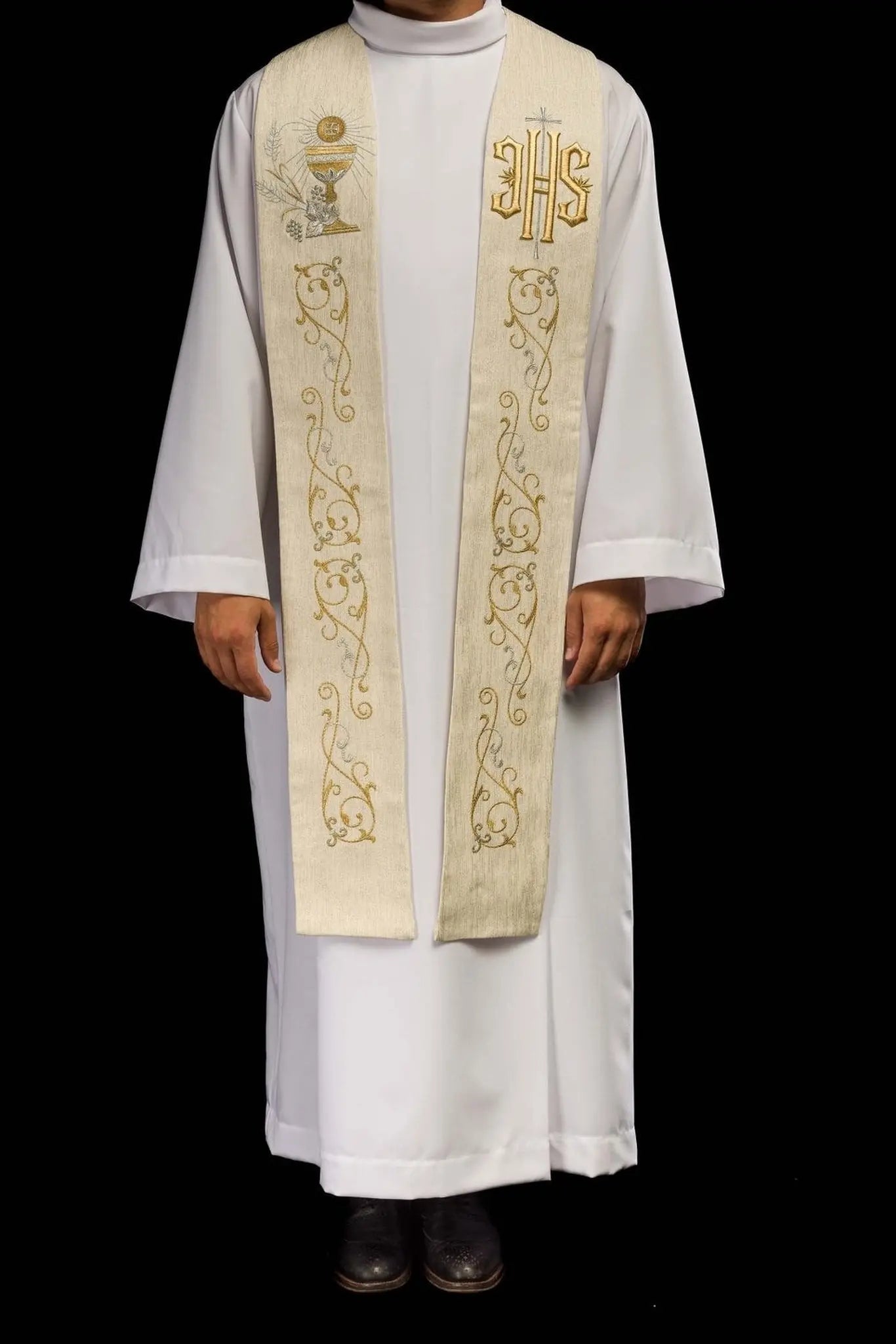 Priest's stole with embroidered IHS and Eucharistic chalice ecru