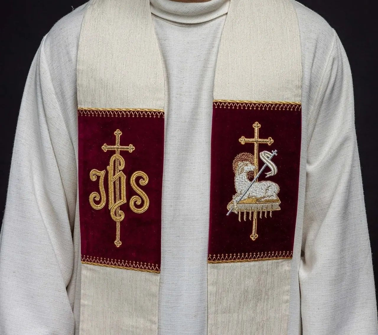 Stole with Embroidered Lamb of God and JHS Symbol
