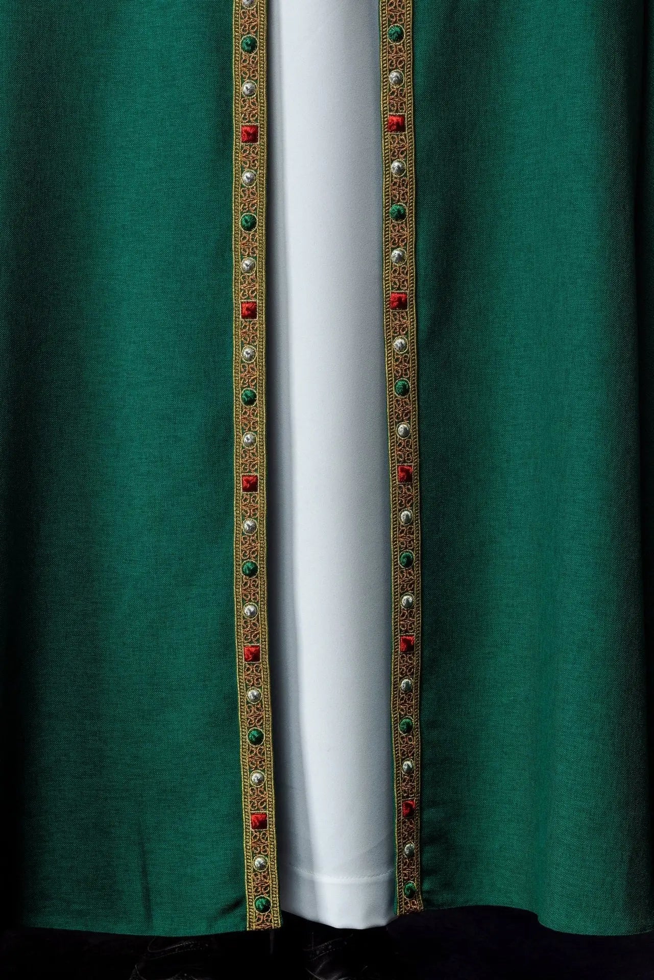 Green liturgical cape with gold IHS