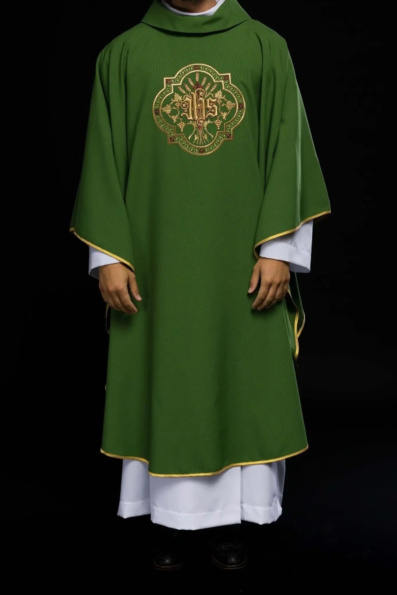 Green chasuble with IHS and PAX embroidery