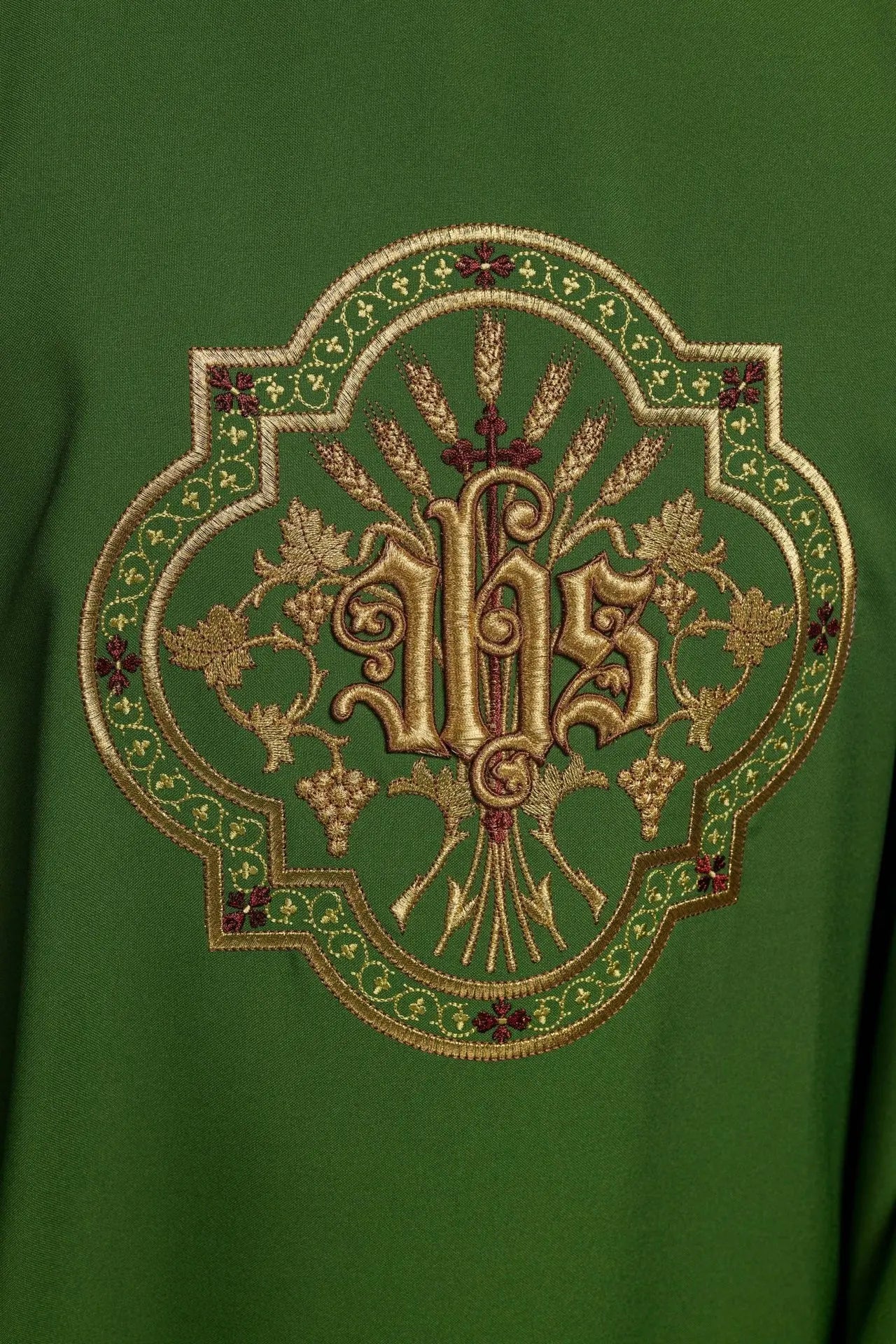 Green chasuble with IHS and PAX embroidery